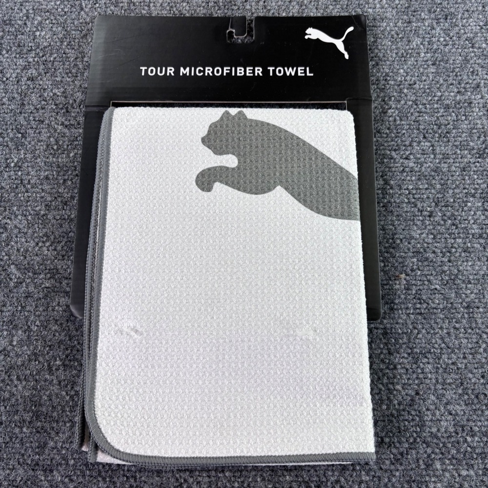 Puma Golf Tour Microfiber Towel Unisex OSFA White Grey Logo 054337-01 NWT